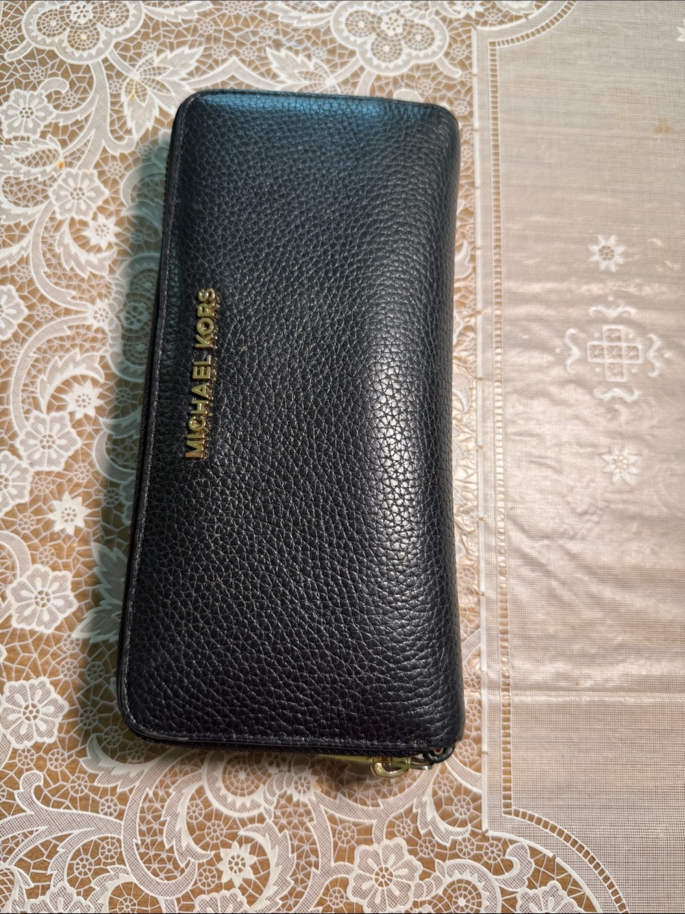 Michael Kors Black Pebbled Leather Zip-Around Wallet with Gold Logo